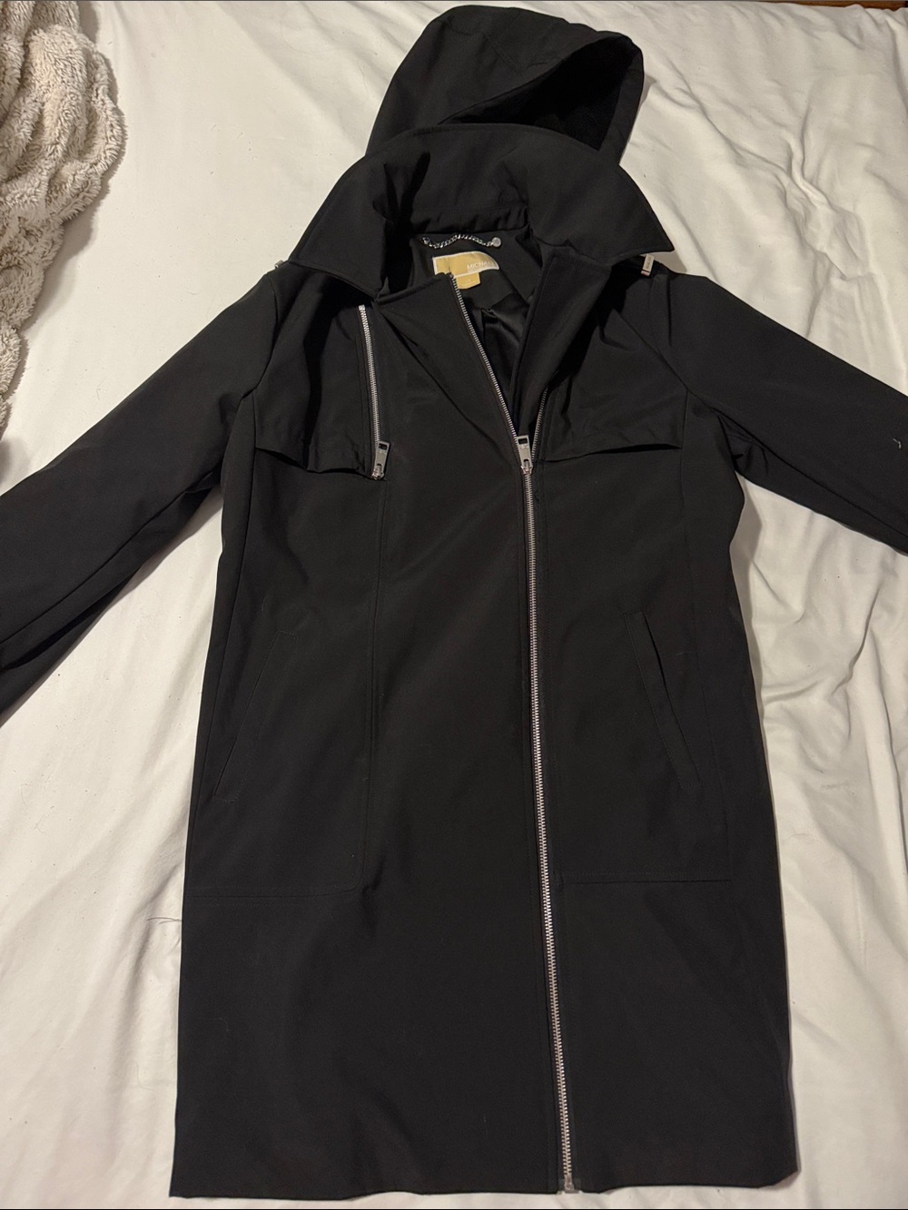 Michael Kors Black Hooded Trench Coat with Zip